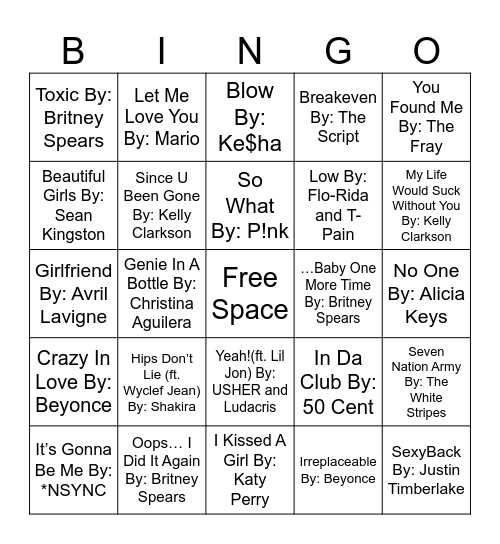 Early 2000s Hits Music Bingo Card