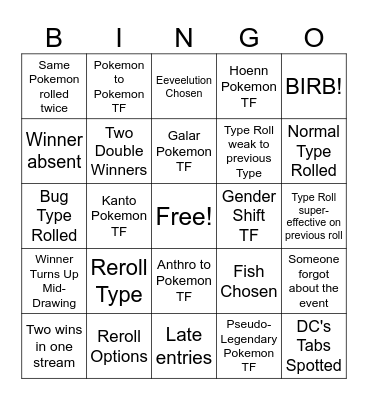Pokemon TF Event Bingo Card