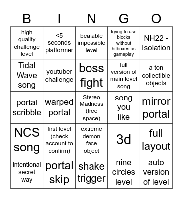 Geometry Dash 2.2 Recent Tab Bingo (100 items) Bingo Card