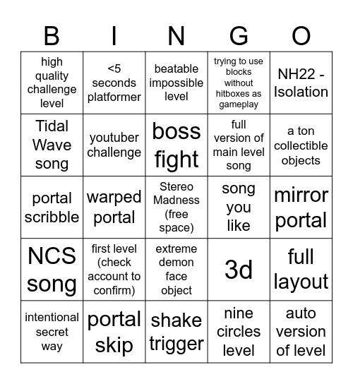 Geometry Dash 2.2 Recent Tab Bingo (100 items) Bingo Card