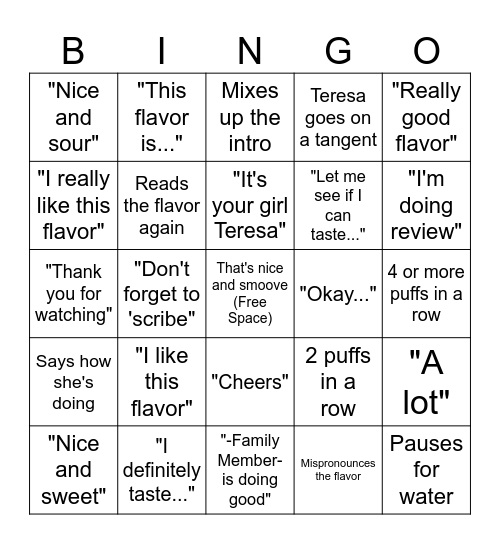 Teresa Larzelere Vape Review Bingo Card