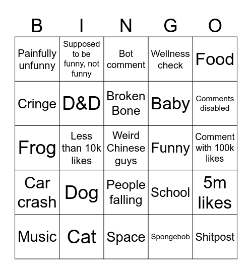 instagram Bingo Card