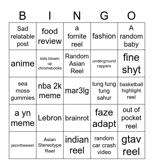 IG Reels Bingo Card