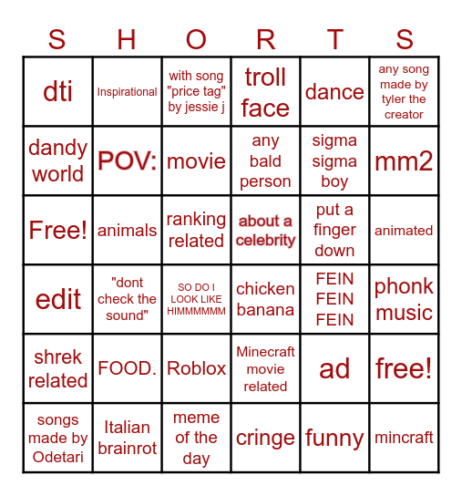 YouTube Shorts bingo Card