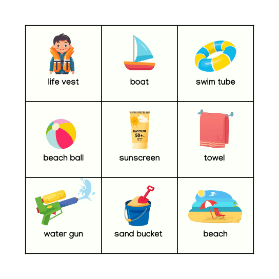 Beach objects Bingo Card