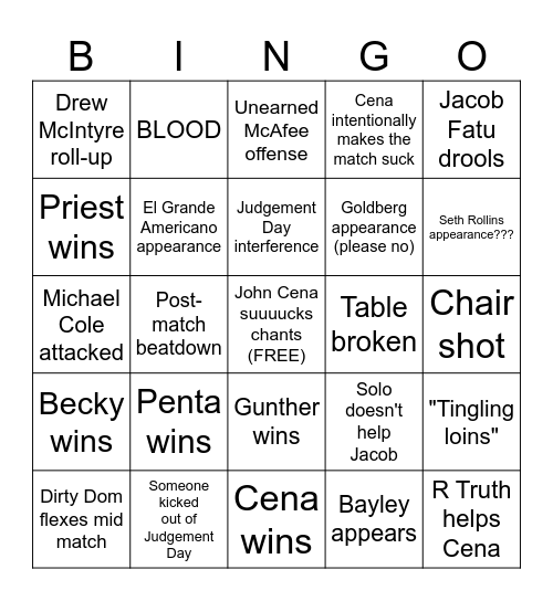 Backlash 2025 Bingo Card