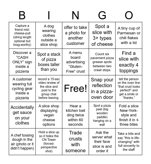 Pizza Crawl Bingo Card