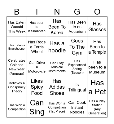 Warmer Bingo Card