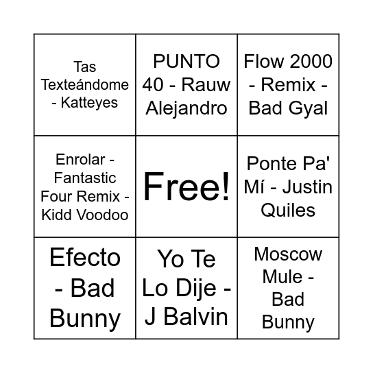 Bingo de Canciones reproducidas Bingo Card