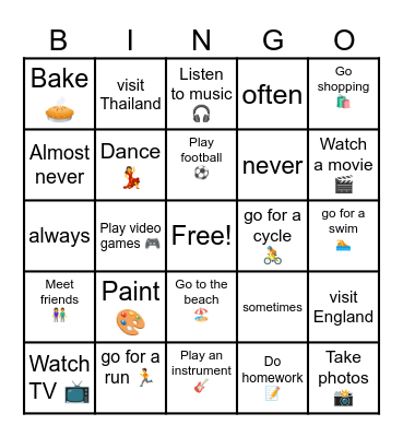 Free Time Bingo Card