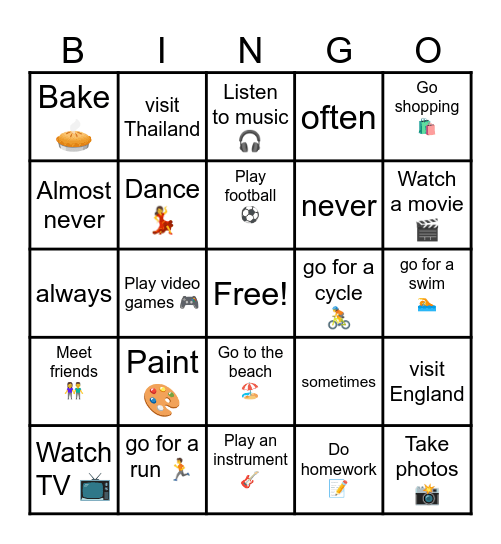 Free Time Bingo Card
