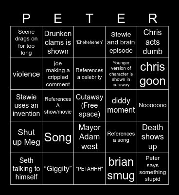 Family guy Bingo Card