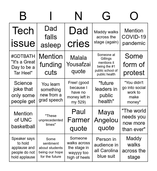 Graduation Bingo Card