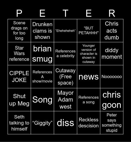 Family guy Bingo Card