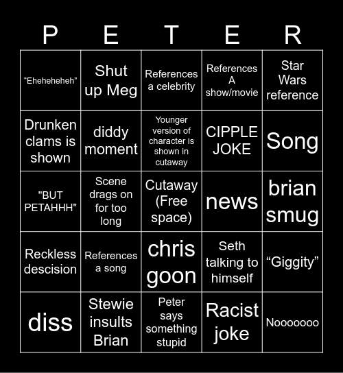 Family guy Bingo Card