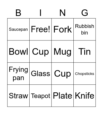 Kitchen utensils Bingo Card