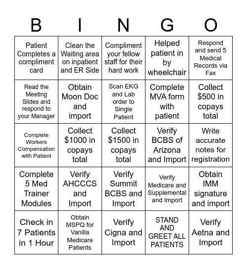 Patient Access Bingo Card