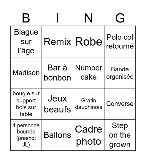 18 ans Margot Bingo Card
