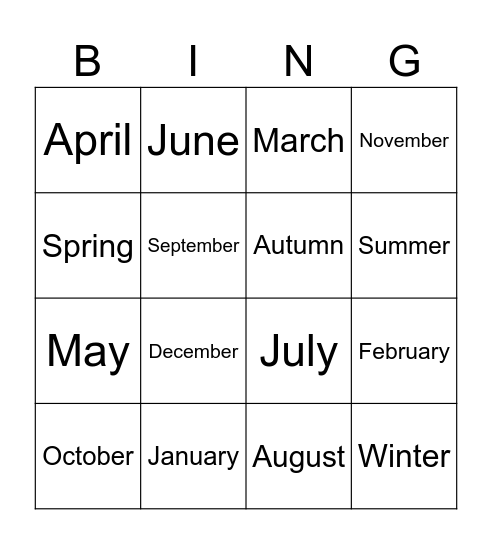 Months Bingo Card