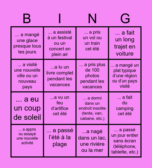 Les vacances d' été Bingo Card