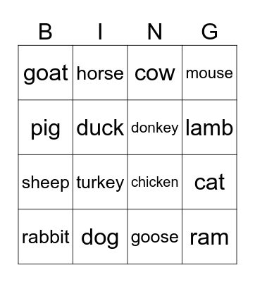 Animals Bingo Card