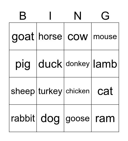 Animals Bingo Card