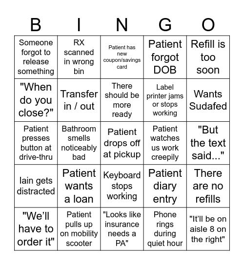 Pharmacy Bingo Card