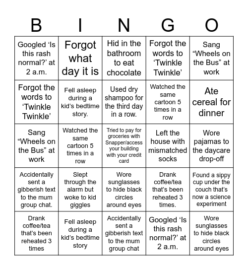 Tired Mummy Bingo Card