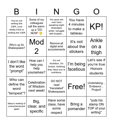 Humphreys! Bingo Card