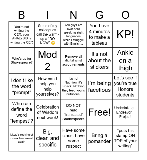Humphreys! Bingo Card