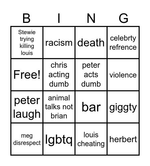 family guy Bingo Card
