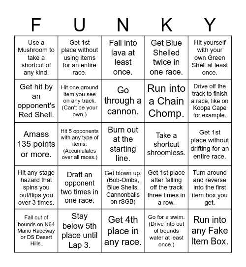 Mario Kart Wii Challenge Bingo! Bingo Card