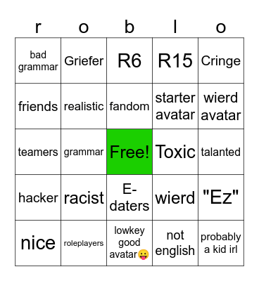 roblox players Bingo Card