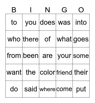 Saxon Phonics Sight Words #1-25 Bingo Card
