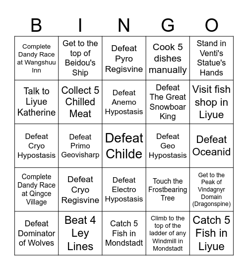 Genshin Lockout Bingo Card