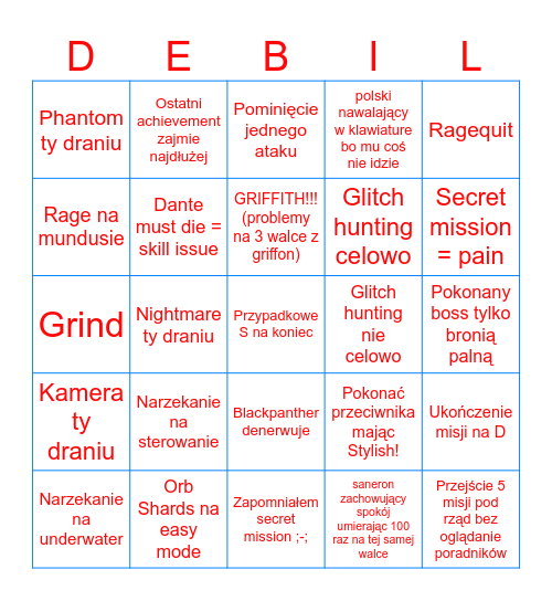 Debil Will Cry Bingo Card