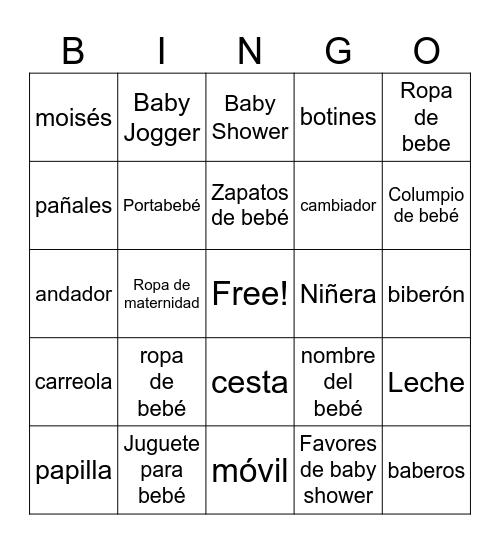 Baby Shower Bingo Card