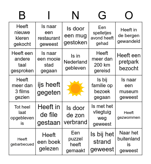 Vakantie Bingo Card
