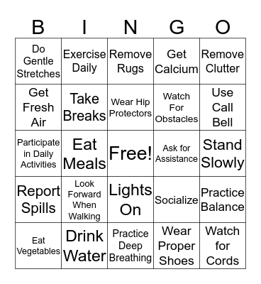 Falls Prevention Bingo Card