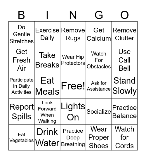 Falls Prevention Bingo Card