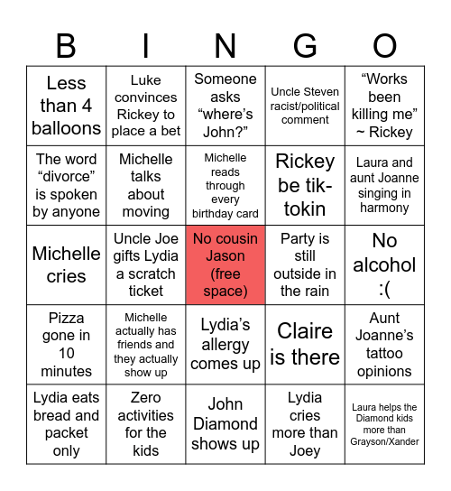 Lydia 2nd Bday Madness Bingo Card