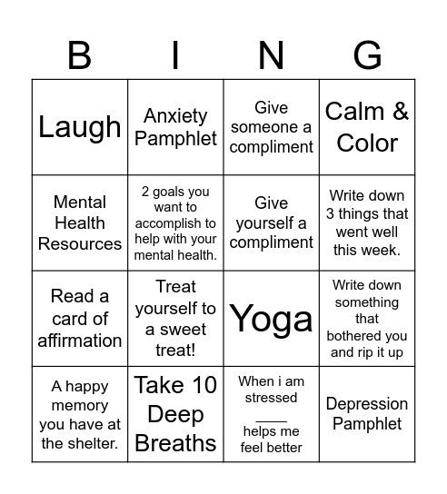 Mental Health Bingo Card