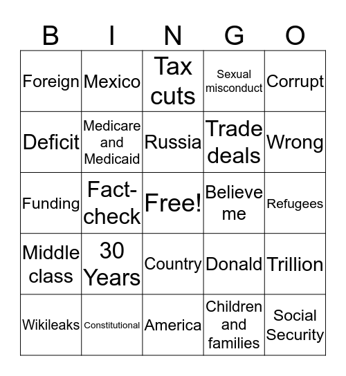 WPA Presidential Debate Bingo Card