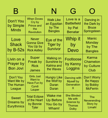 80s Bingo! Bingo Card