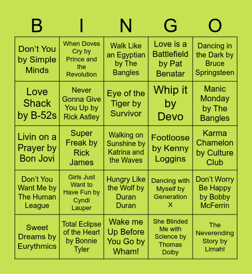 80s Bingo! Bingo Card