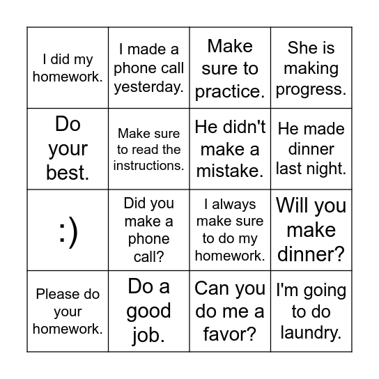 Make vs Do Bingo Card