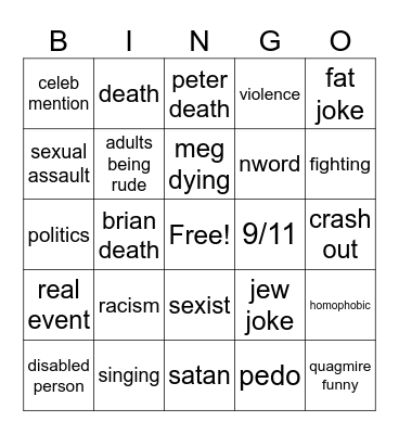 Peter Griffin Bingo Card