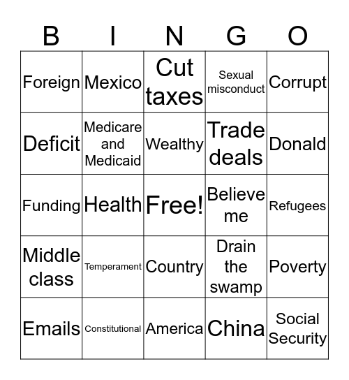 WPA Presidential Debate Bingo Card
