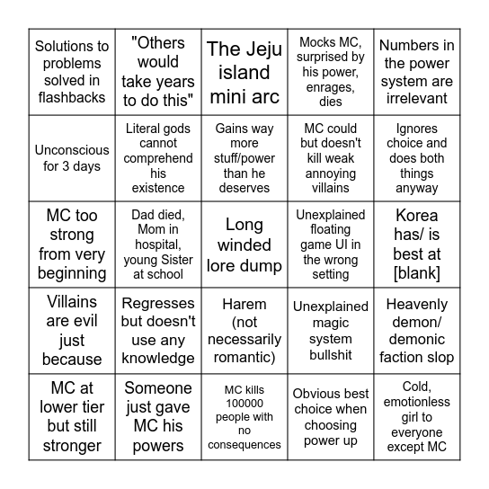 Manhwa Slop Bingo Card