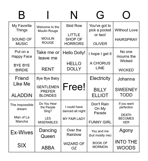 BROADWAY MUSICAL BINGO Card